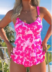 Floral Print Patchwork Hot Pink Tankini Set