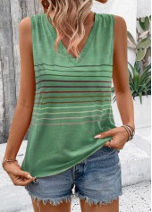 Striped Green Sleeveless V Neck Tank Top