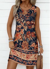 Floral Print Circular Ring Dark Blue Sleeveless Dress
