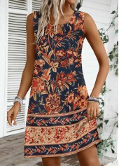 Floral Print Circular Ring Dark Blue Sleeveless Dress