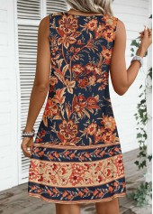 Floral Print Circular Ring Dark Blue Sleeveless Dress
