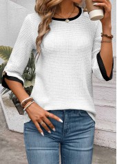 Jacquard White Half Sleeve Round Neck T Shirt
