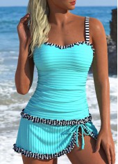 Mid Waisted Striped Contrast Binding Cyan Tankini Set