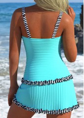 Mid Waisted Striped Contrast Binding Cyan Tankini Set