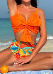 High Waisted Leaf Print Twist Orange Bikini Set
