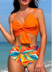 High Waisted Leaf Print Twist Orange Bikini Set