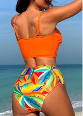 High Waisted Leaf Print Twist Orange Bikini Set