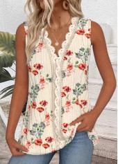 Floral Print Embroidery Beige Sleeveless V Neck Tank Top