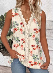 Floral Print Embroidery Beige Sleeveless V Neck Tank Top