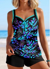Floral Print Contrast Binding Cyan Tankini Set