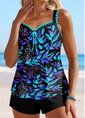 Floral Print Contrast Binding Cyan Tankini Set