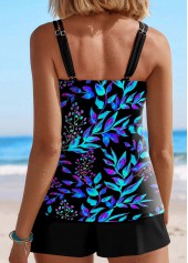 Floral Print Contrast Binding Cyan Tankini Set