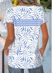 Leaf Print Cut Out Blue Short Sleeve T Shirt