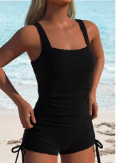 Ruched Square Neck Black Tankini Set