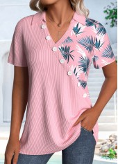 Leaf Print Asymmetry Pink Short Sleeve Shirt