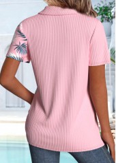 Leaf Print Asymmetry Pink Short Sleeve Shirt