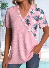 Leaf Print Asymmetry Pink Short Sleeve Shirt