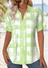 Plaid Button Light Green Short Sleeve Shirt
