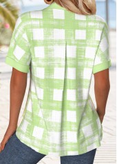 Plaid Button Light Green Short Sleeve Shirt