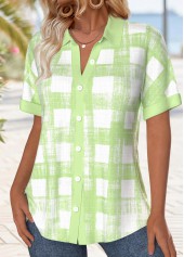 Plaid Button Light Green Short Sleeve Shirt