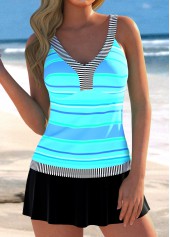 Striped V Neck Patchwork Cyan Tankini Top-No Bottom