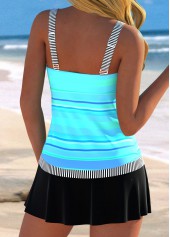 Striped V Neck Patchwork Cyan Tankini Top-No Bottom