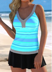 Striped V Neck Patchwork Cyan Tankini Top-No Bottom
