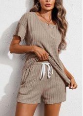 Gray Brown Tie Split Neck Lounge Top and Shorts
