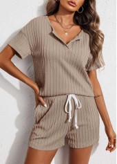 Gray Brown Tie Split Neck Lounge Top and Shorts