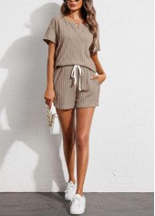 Gray Brown Tie Split Neck Lounge Top and Shorts