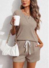 Gray Brown Tie Split Neck Lounge Top and Shorts