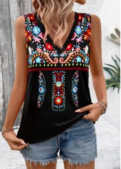 Tribal Print Black Sleeveless V Neck Tank Top
