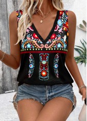 Tribal Print Black Sleeveless V Neck Tank Top