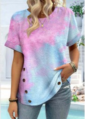 Ombre Button Blue Short Sleeve Round Neck T Shirt