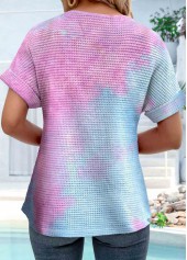Ombre Button Blue Short Sleeve Round Neck T Shirt