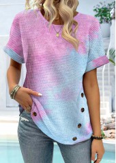Ombre Button Blue Short Sleeve Round Neck T Shirt