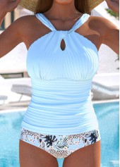 Mid Waisted Tropical Plants Print Cut Out Tankini Set