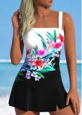 Mid Waisted Floral Print Ruched Black Tankini Set