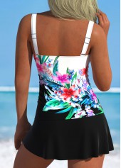 Mid Waisted Floral Print Ruched Black Tankini Set