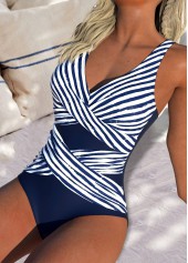 Striped Criss Cross Navy One Piece Swimwear