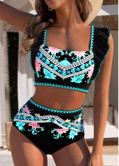 Mid Waisted Tribal Print Circular Ring Black Bikini Set