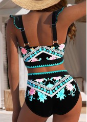 Mid Waisted Tribal Print Circular Ring Black Bikini Set