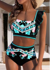 Mid Waisted Tribal Print Circular Ring Black Bikini Set