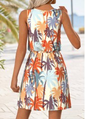 Tropical Plants Print Button Multi Color Short Strappy Dress