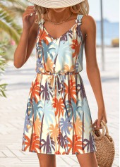 Tropical Plants Print Button Multi Color Short Strappy Dress
