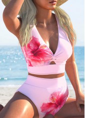 High Waisted Floral Print Criss Cross Pink Bikini Set