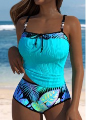 Mid Waisted Tropical Plants Print Tie Cyan Tankini Set