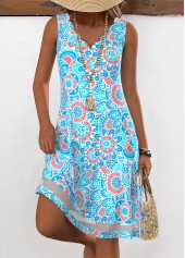 Floral Print Neon Blue A Line Sleeveless Dress