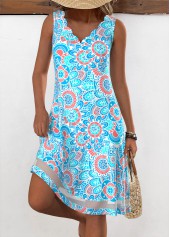 Floral Print Neon Blue A Line Sleeveless Dress