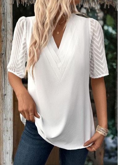 Patchwork V Neck Half Sleeve White Blouse